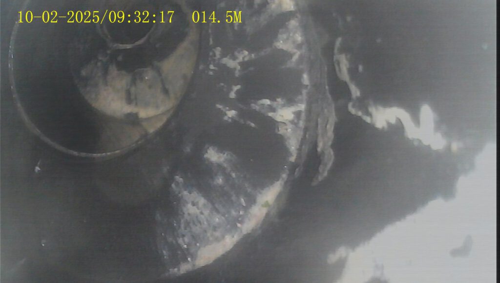 TV-Kanalinspektion zeigt feuchte, verunreinigte Rohrwandung.