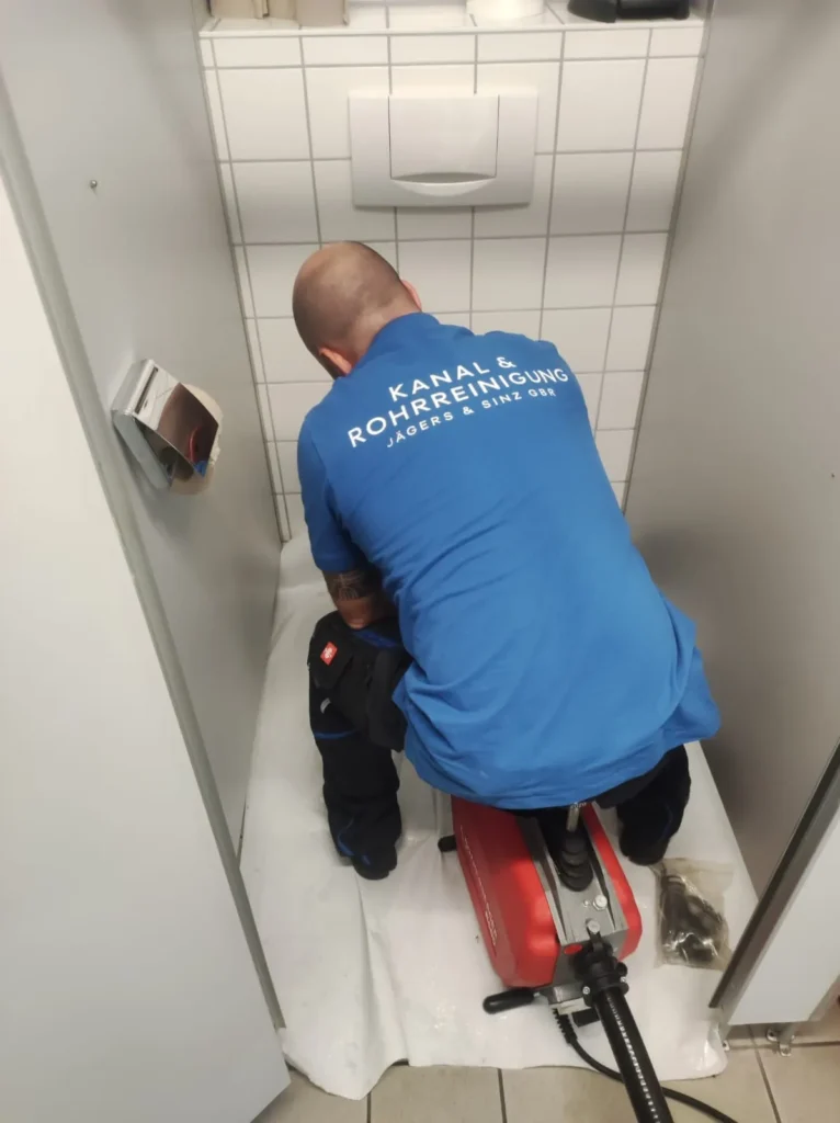 Rohrreiniger behebt eine verstopfte Toilette in einem Sanitärraum in Lörrach