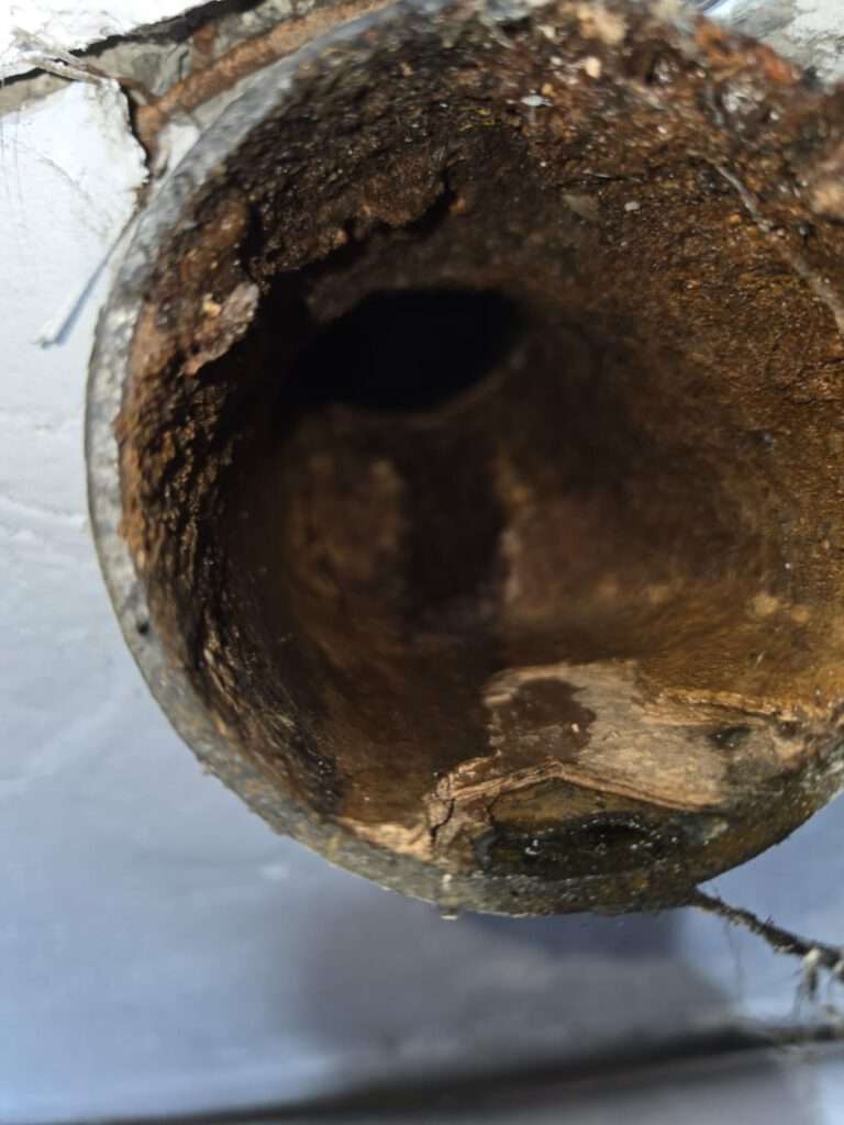 Beschädigtes Gussrohr mit massiver Korrosion und Undichtigkeit im Keller